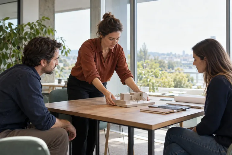 Une femme présente une maquette à deux personnes assises autour d’une table.