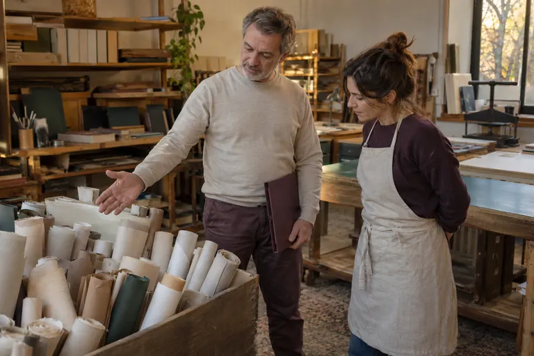 Un homme montre des rouleaux de papier à une femme dans un atelier.