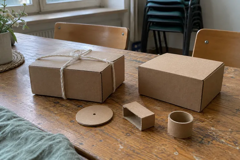 Deux boîtes et de petites formes en carton reposent sur une table.