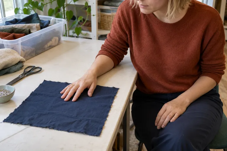 Une femme pose une main sur un morceau de tissu bleu.