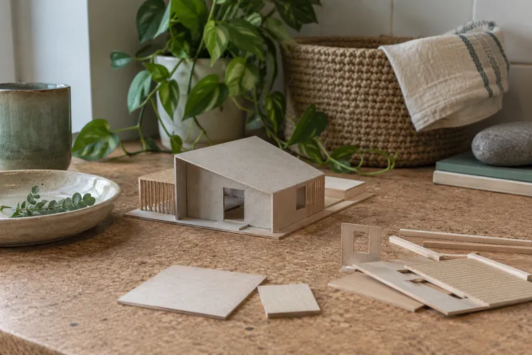 Une petite maquette et des pièces de bois reposent sur une table.