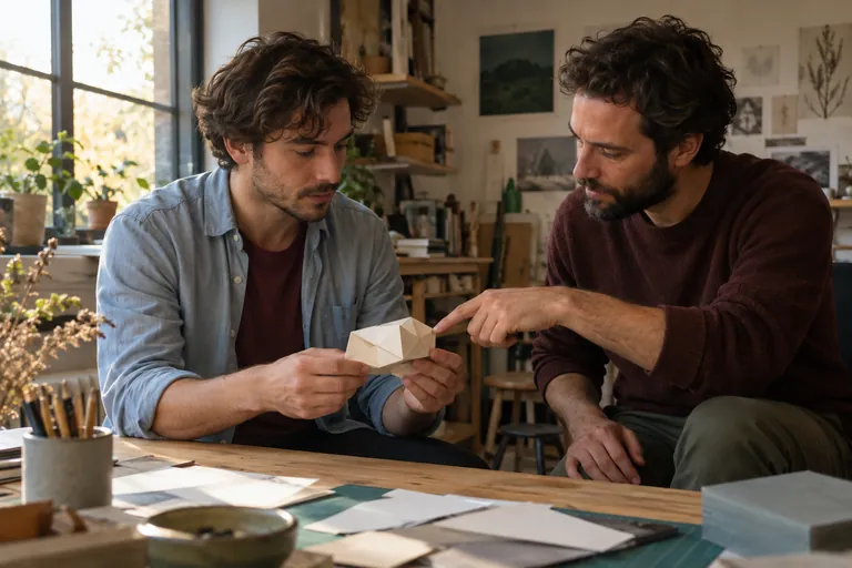 Deux hommes observent ensemble un pliage en papier.