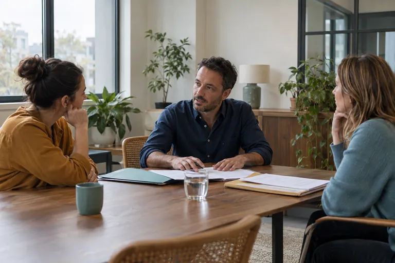 Trois personnes discutent de documents autour d’une table.