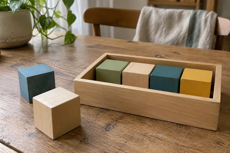 Des cubes colorés sont disposés dans une boîte en bois et sur une table.
