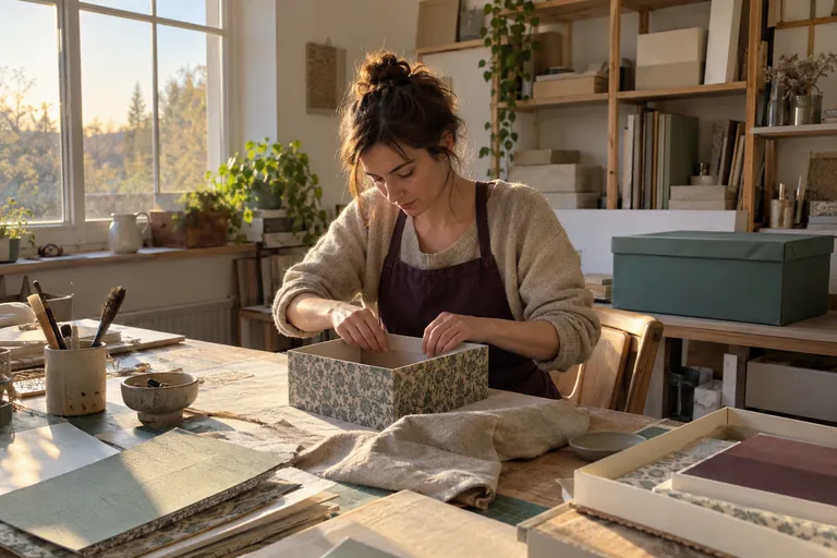 Une femme ajuste une feuille dans une boîte décorée sur une table d’atelier.