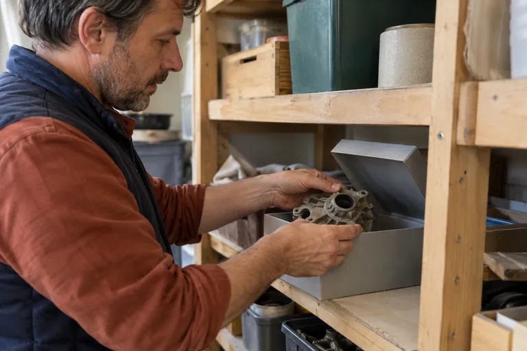 Un homme place une pièce mécanique dans une boîte de rangement.