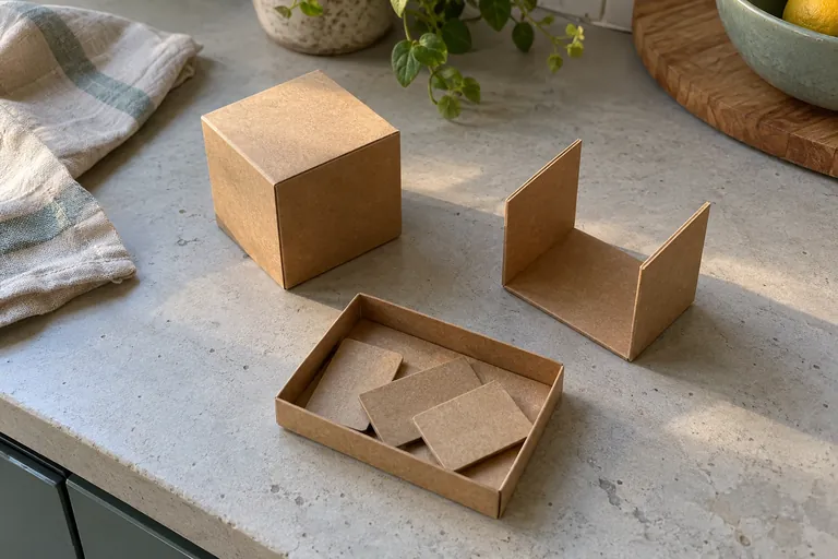 Des formes et une boîte en carton sont disposées sur une table.