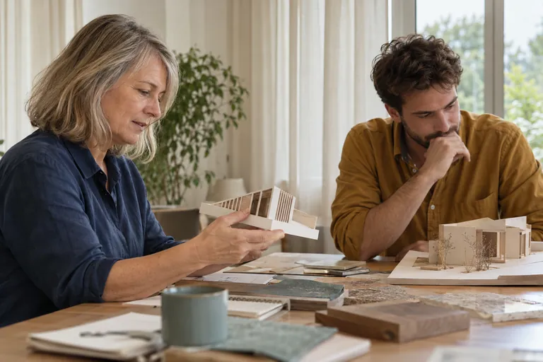 Une femme et un homme examinent des maquettes autour d’une table.