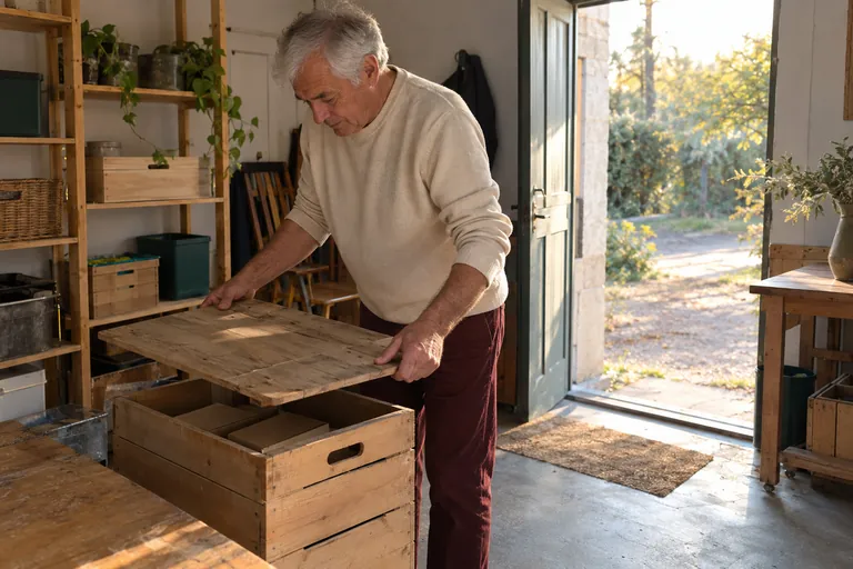 Un homme pose un couvercle sur une caisse en bois.