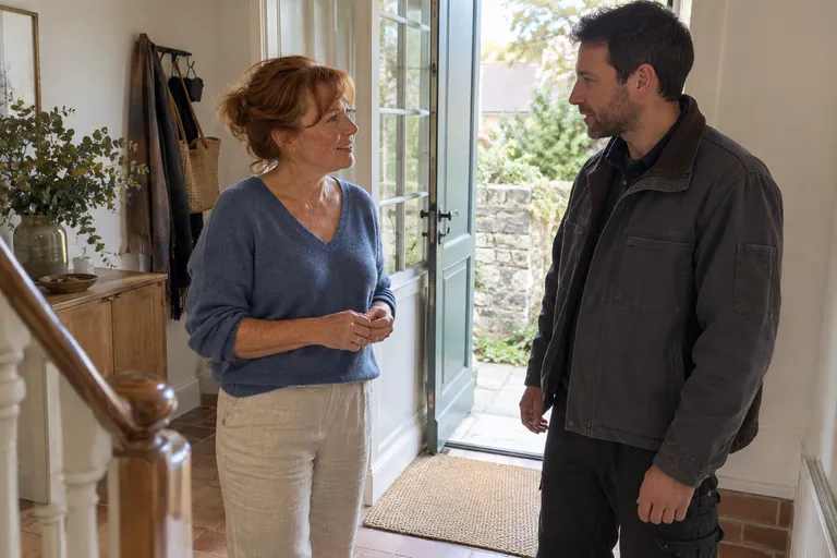 Une femme échange avec un homme en tenue de travail dans une entrée.
