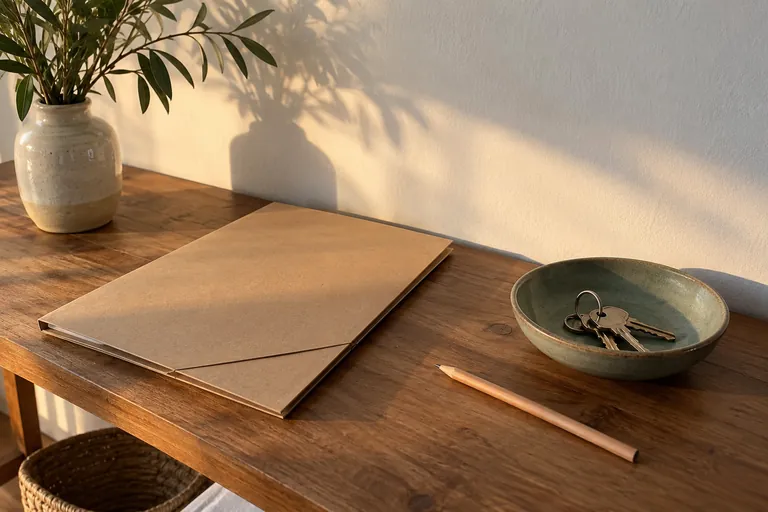 Un dossier cartonné fermé, des clés et un crayon sont disposés sur une table.