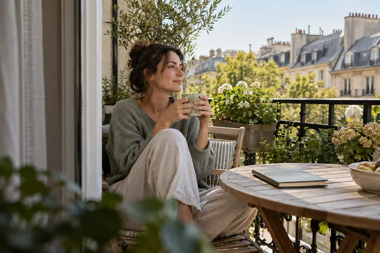 Une femme tient une tasse sur un balcon près d’un carnet fermé