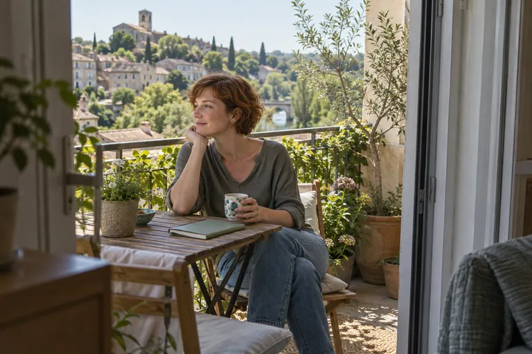 Une femme rousse est assise sur un balcon avec une tasse et un carnet