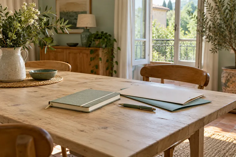Un carnet, des pochettes et un stylo sont posés sur une table