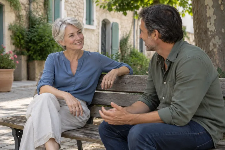 Une femme aux cheveux gris discute avec un homme sur un banc