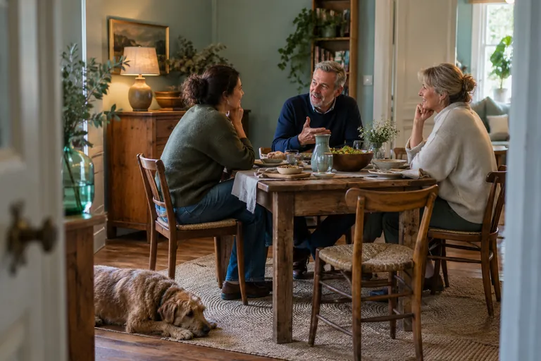 Trois adultes discutent pendant un repas autour d’une table