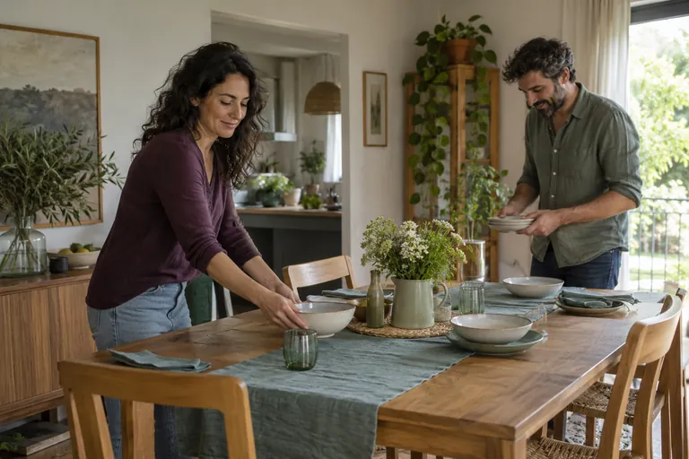 Une femme et un homme dressent une table pour un repas