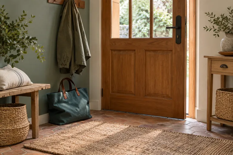 Une veste et un sac sont rangés près d’une porte d’entrée