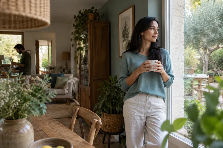Une femme tient une tasse près d’une fenêtre