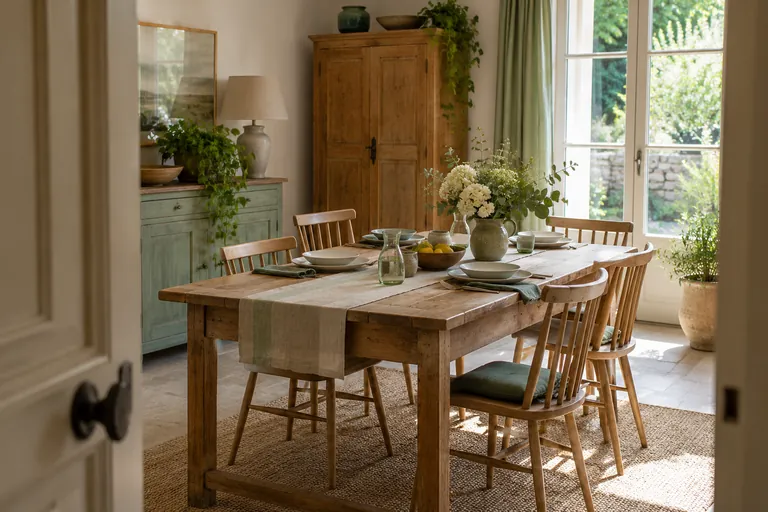 Une table dressée avec des assiettes et des fleurs dans une pièce vide