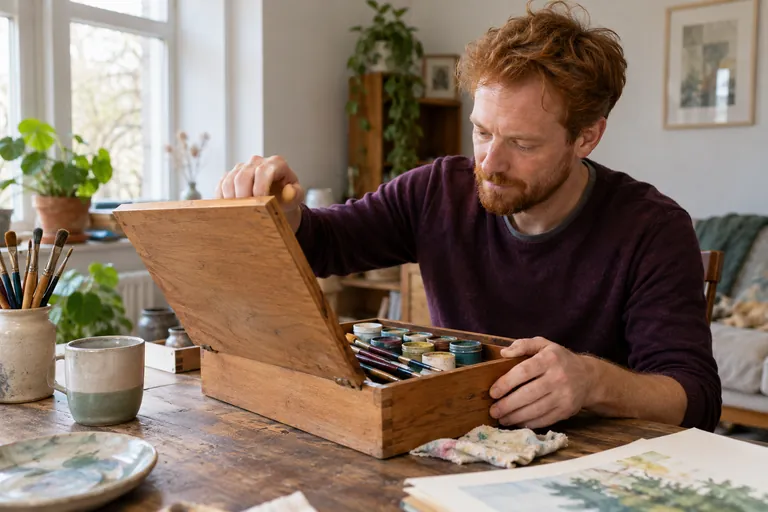 Un homme ouvre une boîte en bois contenant du matériel de peinture.
