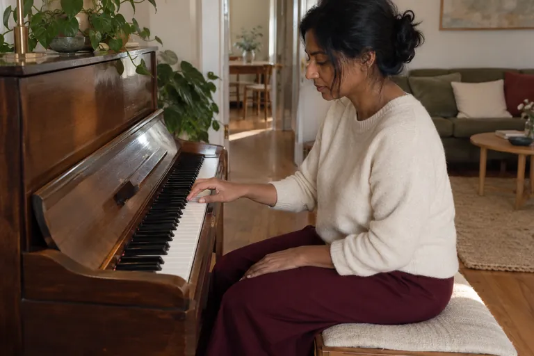 Une femme assise devant un piano pose une main sur les touches.