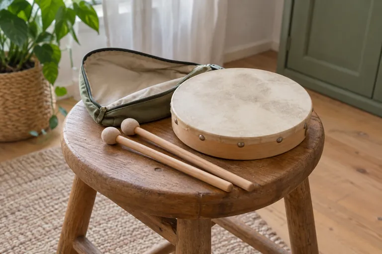 Un petit tambour, deux mailloches et une housse ouverte reposent sur un tabouret.