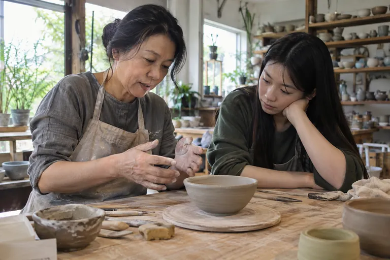 Deux femmes observent un bol en argile sur une table d’atelier.
