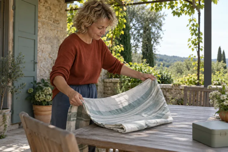 Une femme plie un tissu sur une table de terrasse.