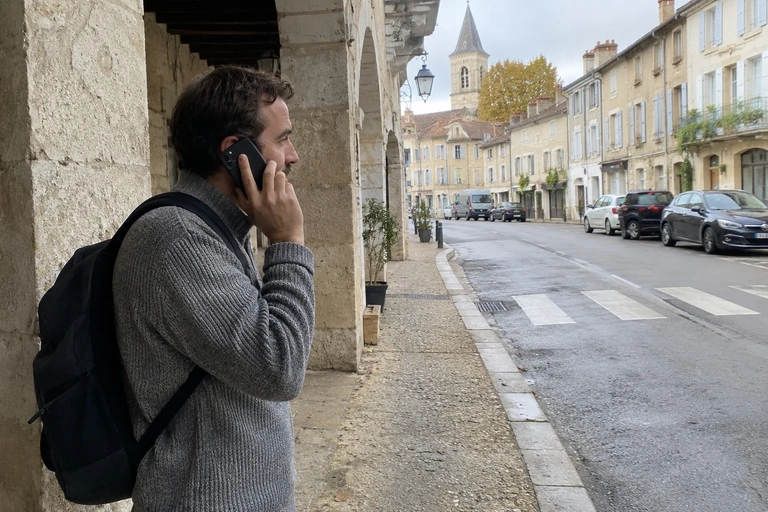 Un homme téléphone à l’arrêt sous un porche, à l’écart de la circulation