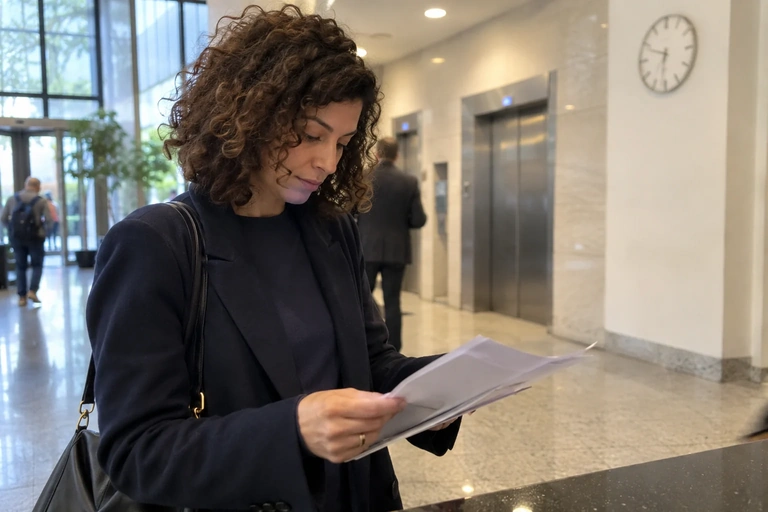 Une personne vérifie ses documents dans un hall d’immeuble