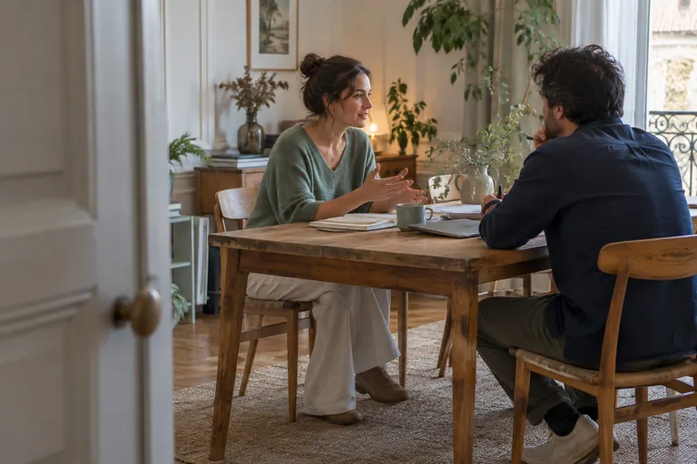 Une femme et un homme discutent à une table avec des documents