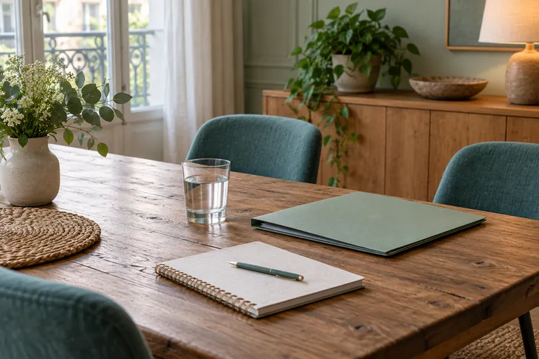Un dossier, un carnet et un verre d’eau reposent sur une table