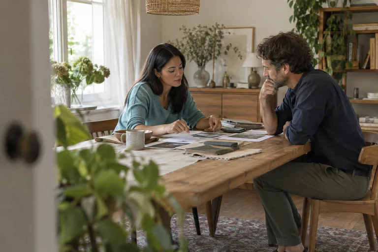 Une femme et un homme examinent des documents posés sur une table