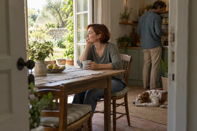Une femme rousse tient une tasse près d’une fenêtre ouverte sur un jardin