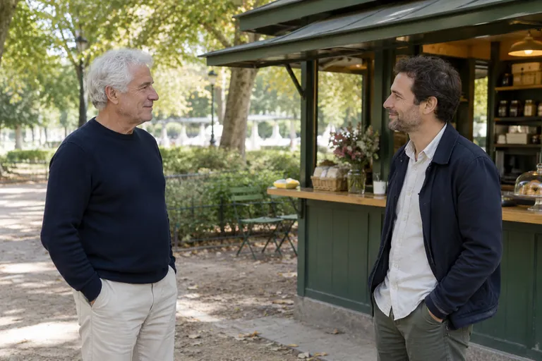 Deux hommes échangent un regard devant un kiosque de café dans un parc.