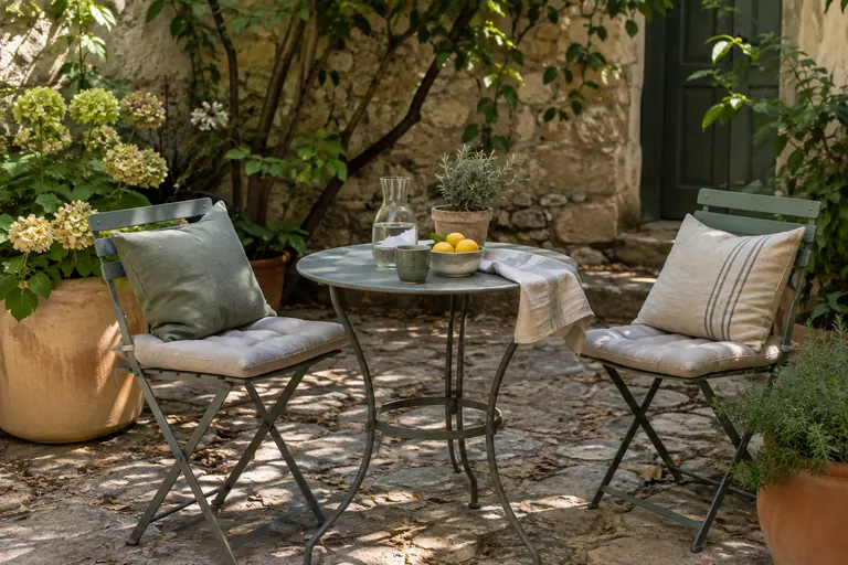 Deux chaises encadrent une table avec une carafe, une tasse et un bol de citrons dans une cour.