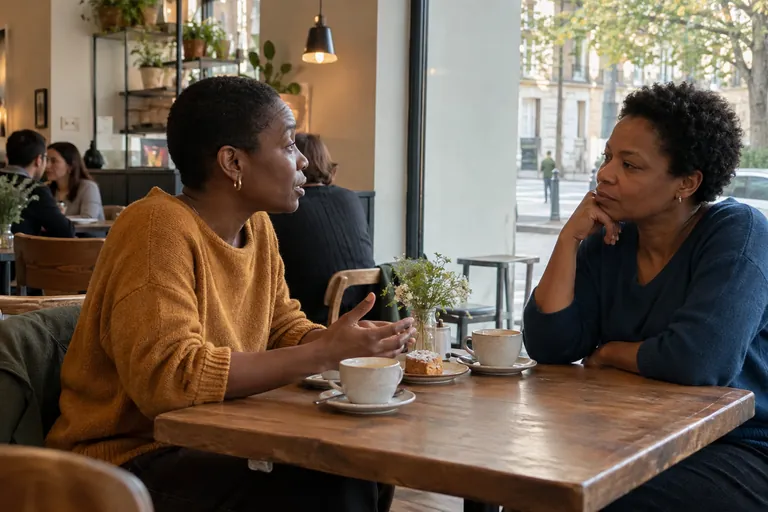 Deux femmes discutent autour de tasses dans un café.