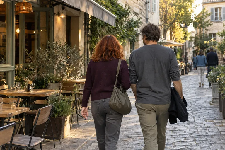 Deux adultes vus de dos marchent dans une rue bordée de terrasses.
