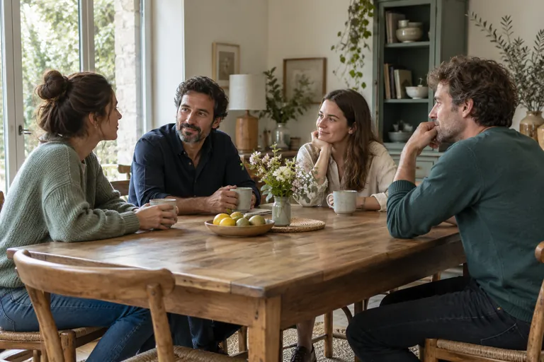 Quatre adultes discutent autour d’une table en bois