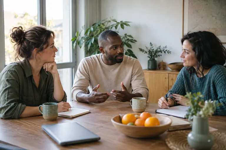 Un homme parle avec deux femmes autour d’une table avec des carnets
