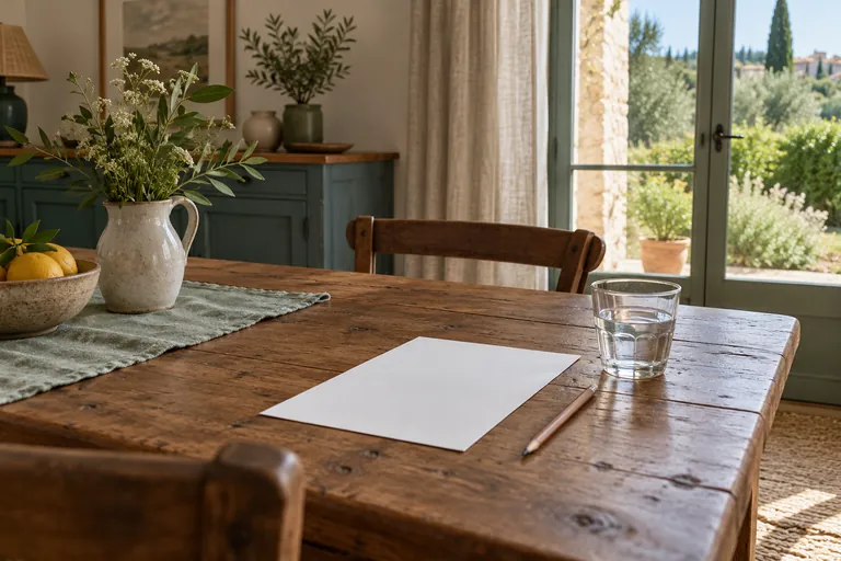 Une feuille blanche, un crayon et un verre d’eau sur une table