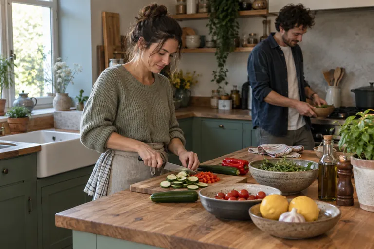 Une femme coupe des légumes pendant qu’un homme prépare une salade