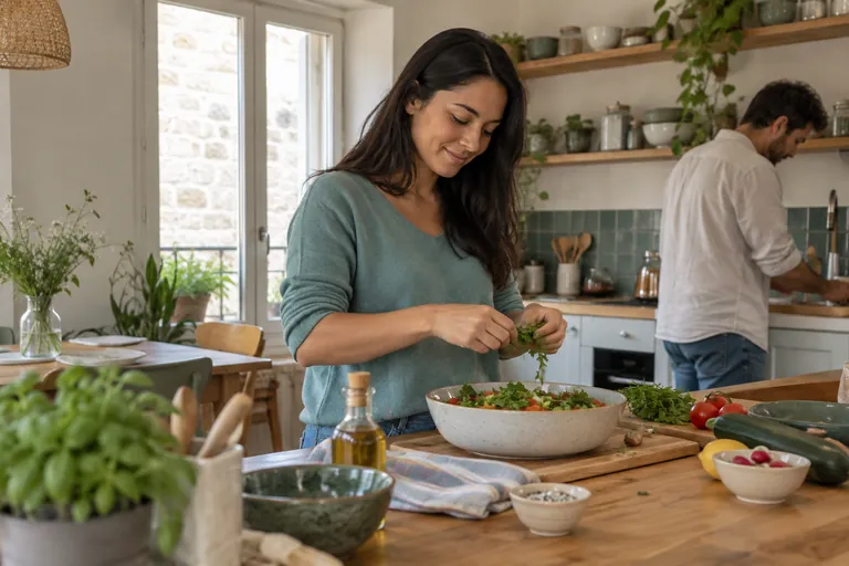 Une femme ajoute des herbes à un plat dans une cuisine