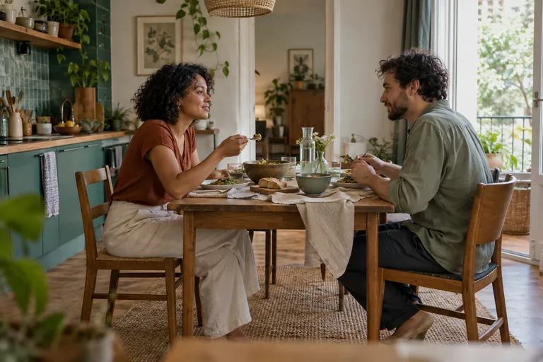 Deux adultes discutent pendant un repas à la maison