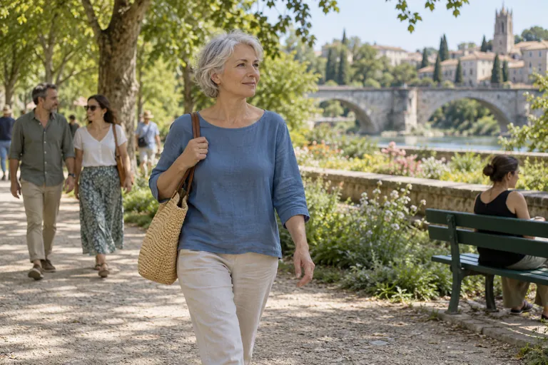 Une femme aux cheveux gris marche sur une promenade arborée