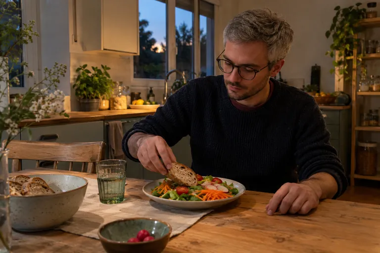 Un homme ajoute du pain à une assiette de crudités à table.