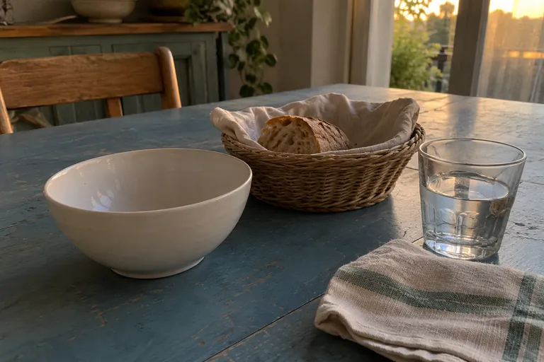 Un bol vide, du pain, un verre d’eau et une serviette sont posés sur une table.
