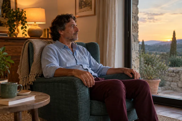 Un homme assis dans un fauteuil regarde par la fenêtre au coucher du soleil.