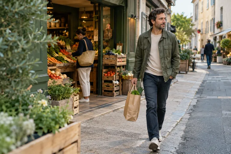 Un homme portant un sac de courses marche devant un magasin de légumes